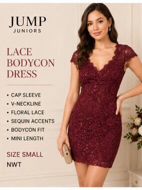 Jump Burgundy Lace Sequin Bodycon Cocktail Dress Size S NWT